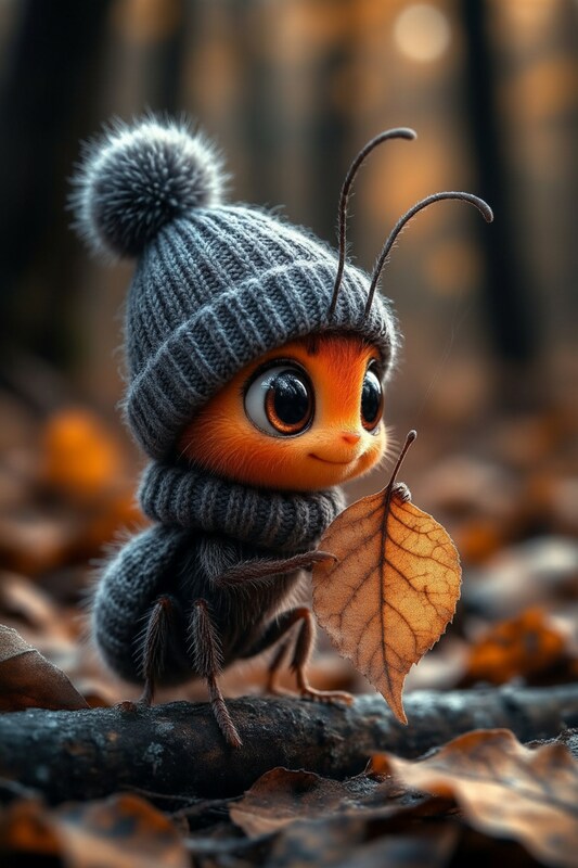 Cute bug in a cozy hat collecting leaves in autumn Cute bug in a cozy hat collecting leaves in autumn