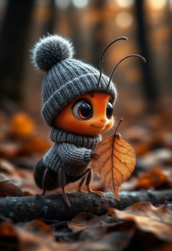 Cute ant wearing sweater holds leaf in forest setting Cute ant wearing sweater holds leaf in forest setting