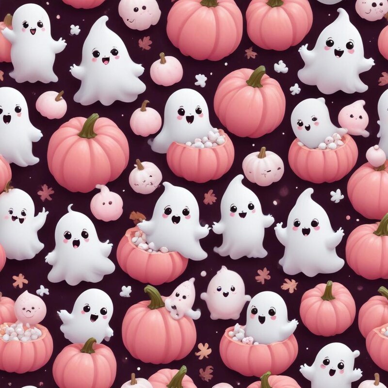 Cute ghosts and pumpkins create festive autumn scene Cute ghosts and pumpkins create festive autumn scene