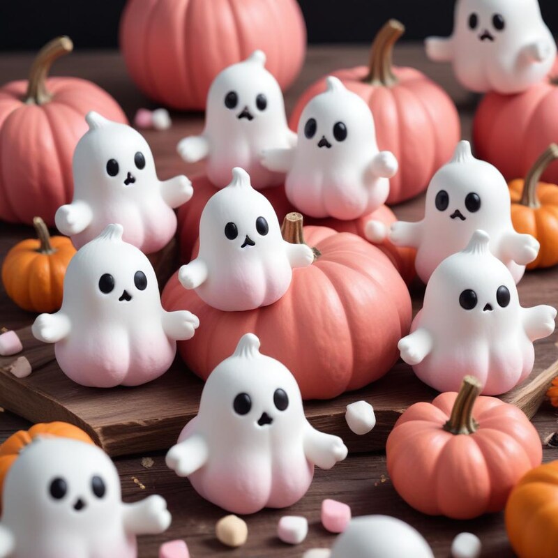 Cute ghosts and pumpkins create a festive autumn scene Cute ghosts and pumpkins create a festive autumn scene