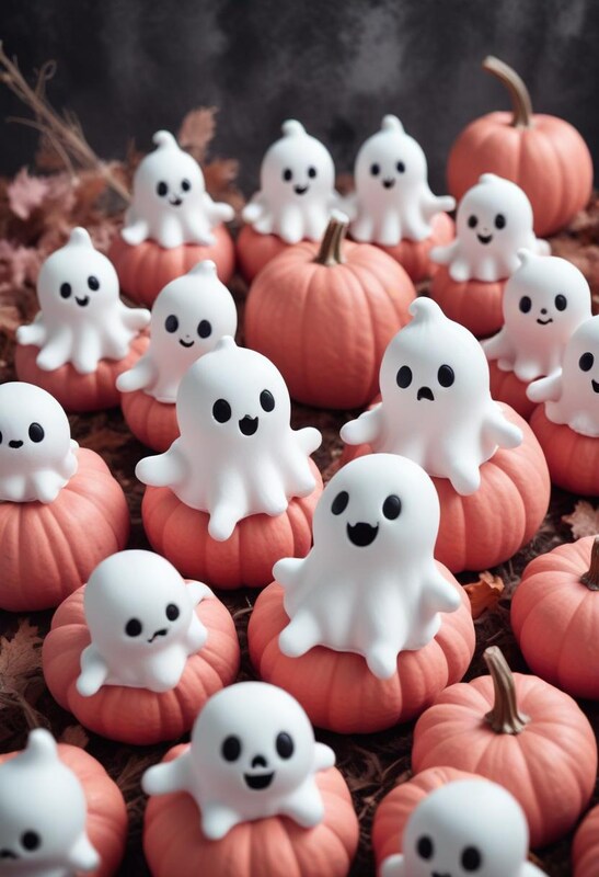 Cute ghosts and pumpkins create a festive autumn scene Cute ghosts and pumpkins create a festive autumn scene