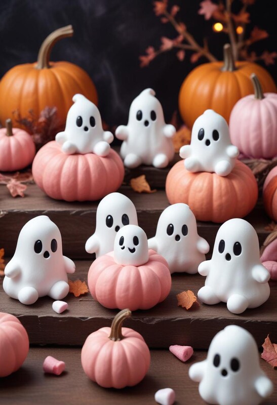 Cute ghost figures among pumpkins in autumn setting Cute ghost figures among pumpkins in autumn setting