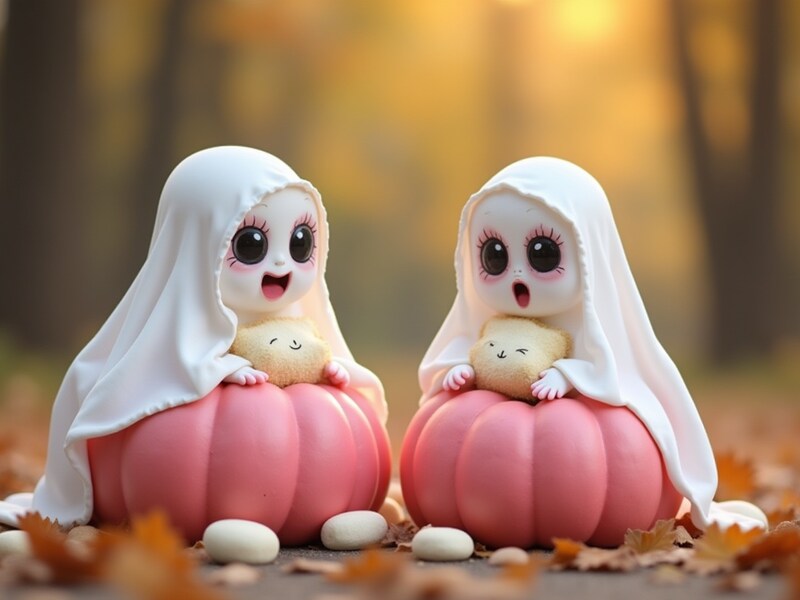 Cute ghost dolls with pumpkins in a fall setting Cute ghost dolls with pumpkins in a fall setting
