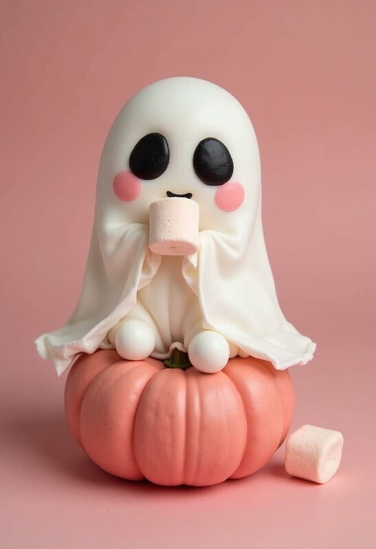 Cute ghost figure sitting on a pink pumpkin Cute ghost figure sitting on a pink pumpkin