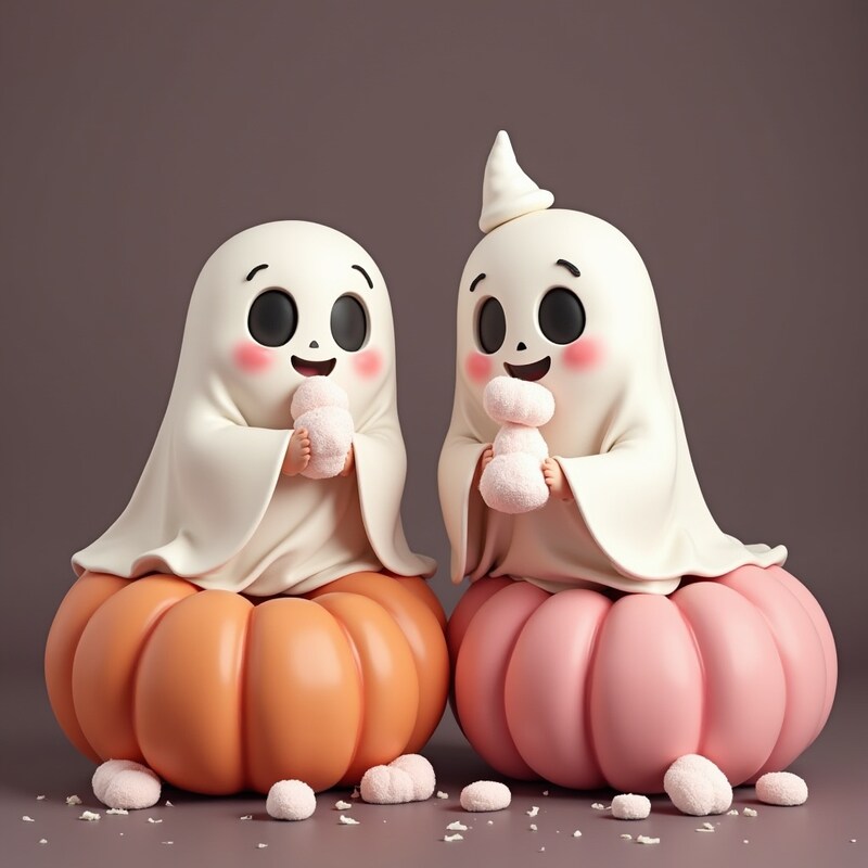 Cute ghost characters sitting on colorful pumpkins Cute ghost characters sitting on colorful pumpkins
