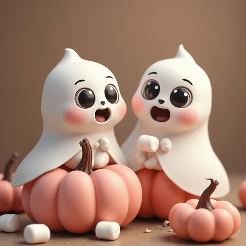 Cute ghosts enjoying pumpkins and marshmallows together Cute ghosts enjoying pumpkins and marshmallows together