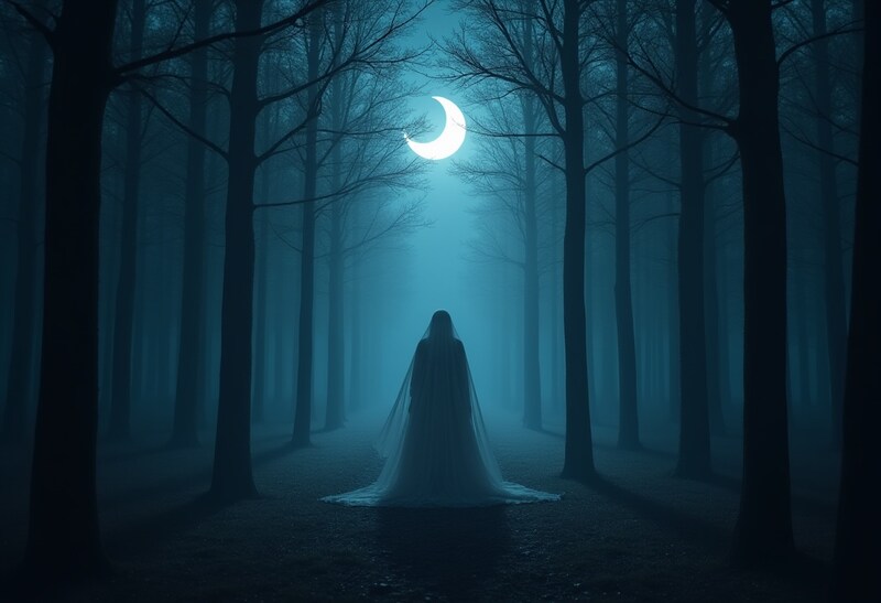 Mysterious figure in a foggy forest under a crescent moon Mysterious figure in a foggy forest under a crescent moon