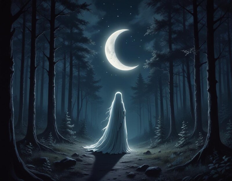 Mysterious figure in the forest under a glowing moon Mysterious figure in the forest under a glowing moon