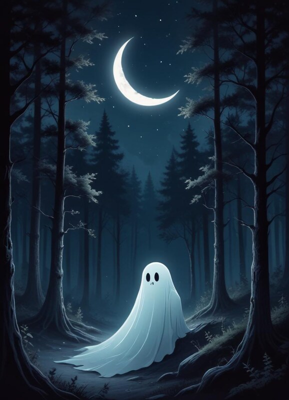 Ghost in a dark forest under a crescent moon Ghost in a dark forest under a crescent moon