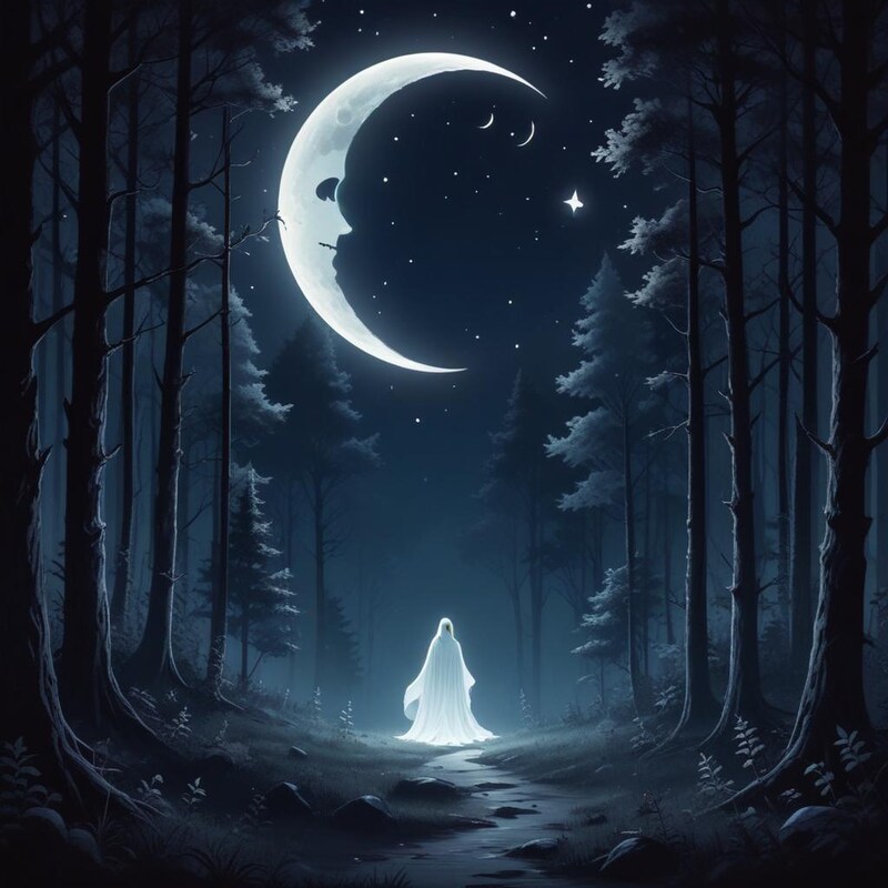 Mysterious figure walks under the crescent moon at night Mysterious figure walks under the crescent moon at night