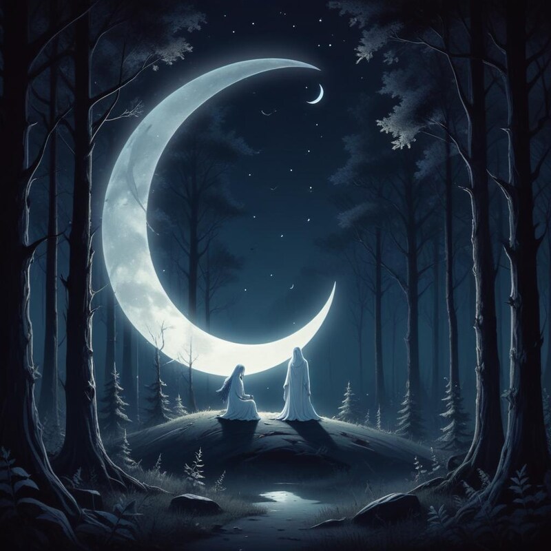Sisters gaze at the moon in a dark mystical forest Sisters gaze at the moon in a dark mystical forest