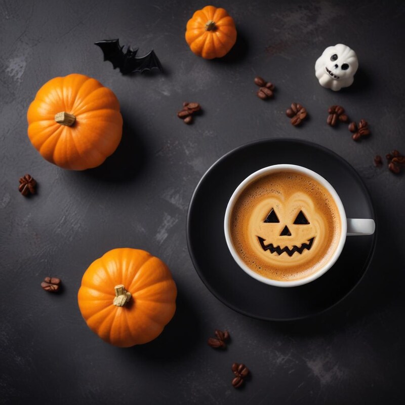 Festive coffee with halloween decorations and pumpkins Festive coffee with halloween decorations and pumpkins