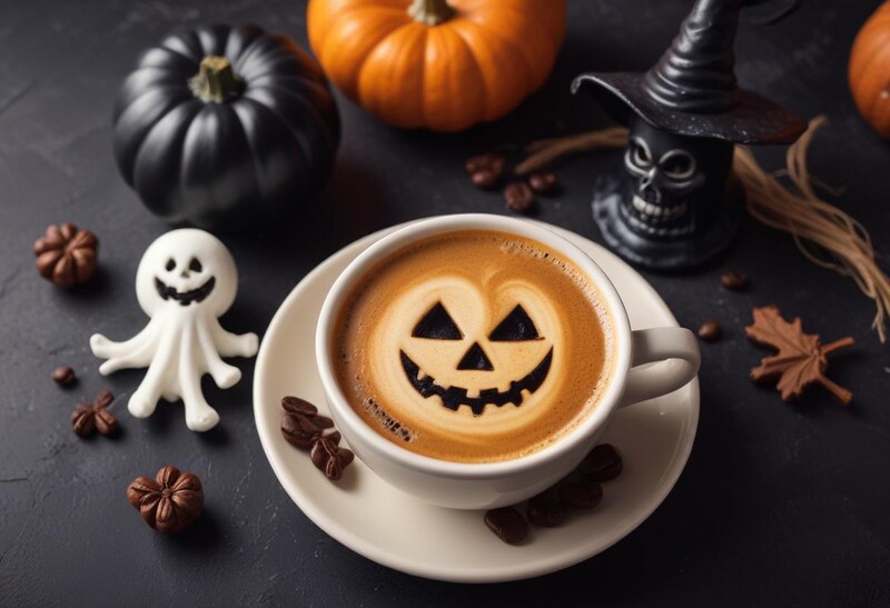 Festive coffee with halloween designs and decorations Festive coffee with halloween designs and decorations