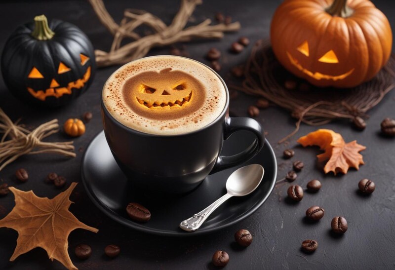 Pumpkin themed coffee with halloween decorations Pumpkin themed coffee with halloween decorations