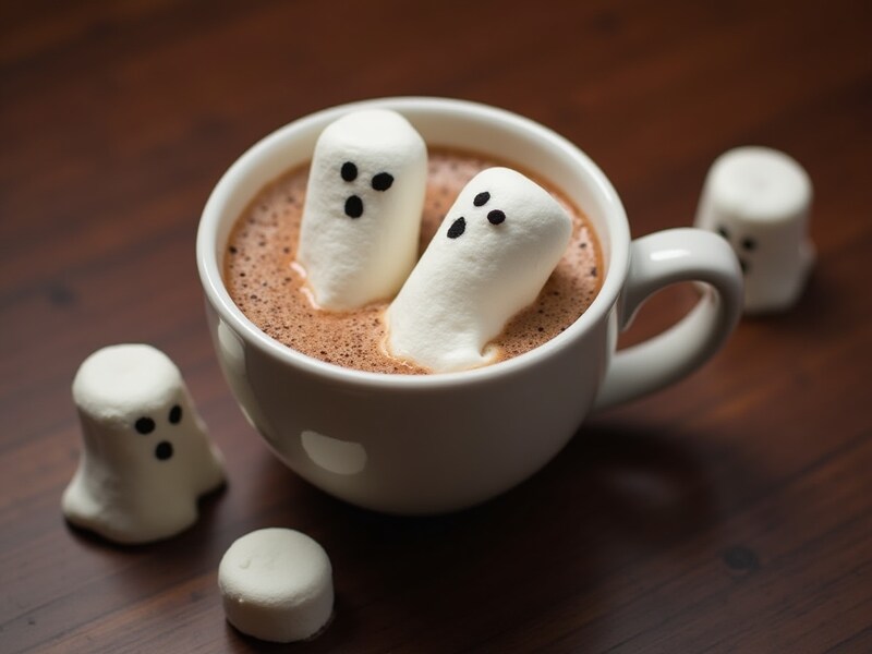 Spooky marshmallow ghosts in hot chocolate treat Spooky marshmallow ghosts in hot chocolate treat