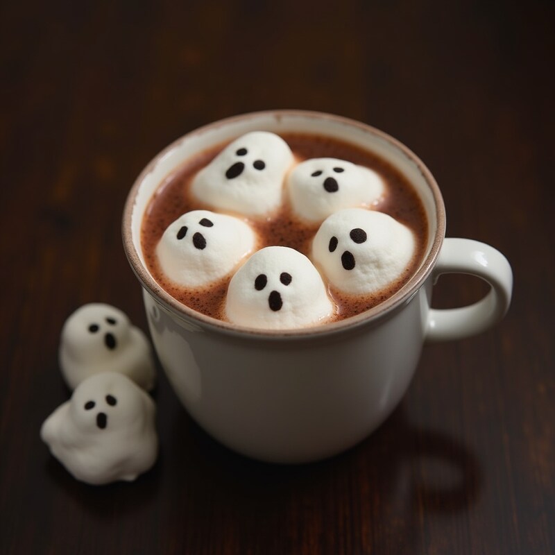 Hot chocolate with cute ghost marshmallows for halloween Hot chocolate with cute ghost marshmallows for halloween