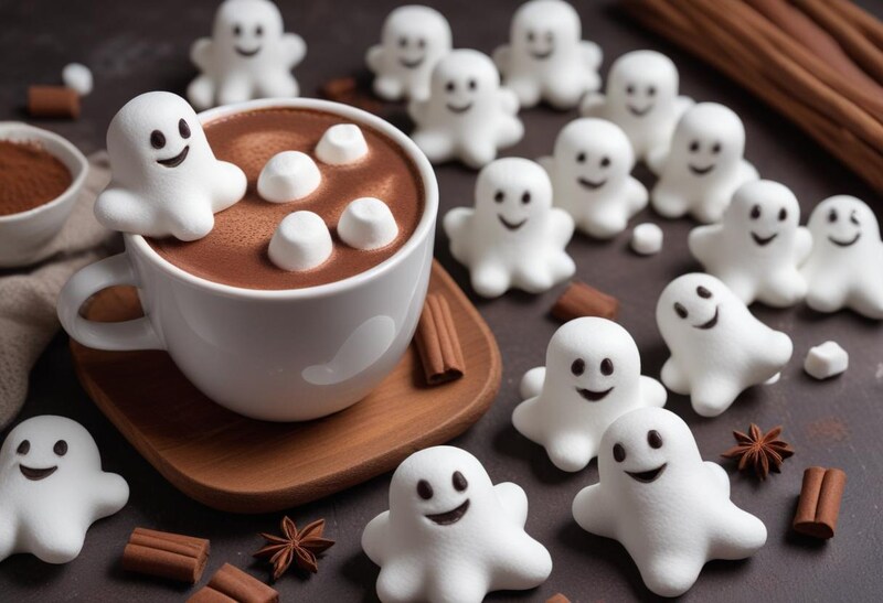 Hot chocolate with ghost marshmallows for halloween fun Hot chocolate with ghost marshmallows for halloween fun