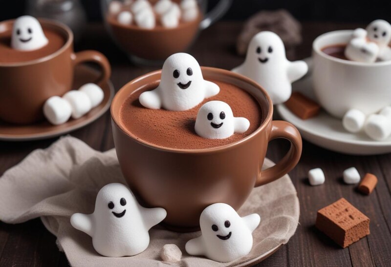 Cozy hot chocolate with cute ghost marshmallows Cozy hot chocolate with cute ghost marshmallows