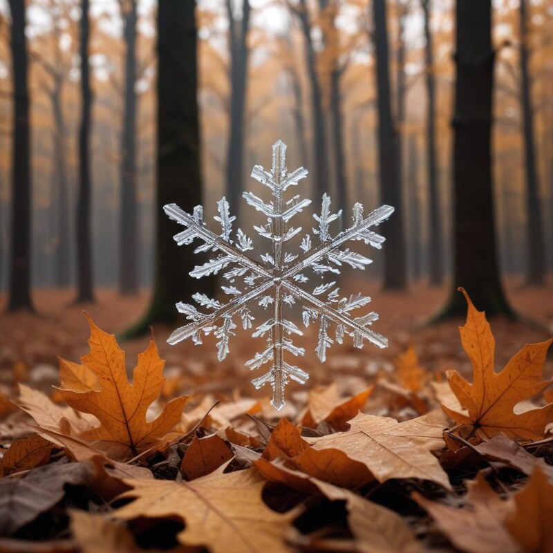 Winter snowflake over orange autumn leaves in forest Winter snowflake over orange autumn leaves in forest