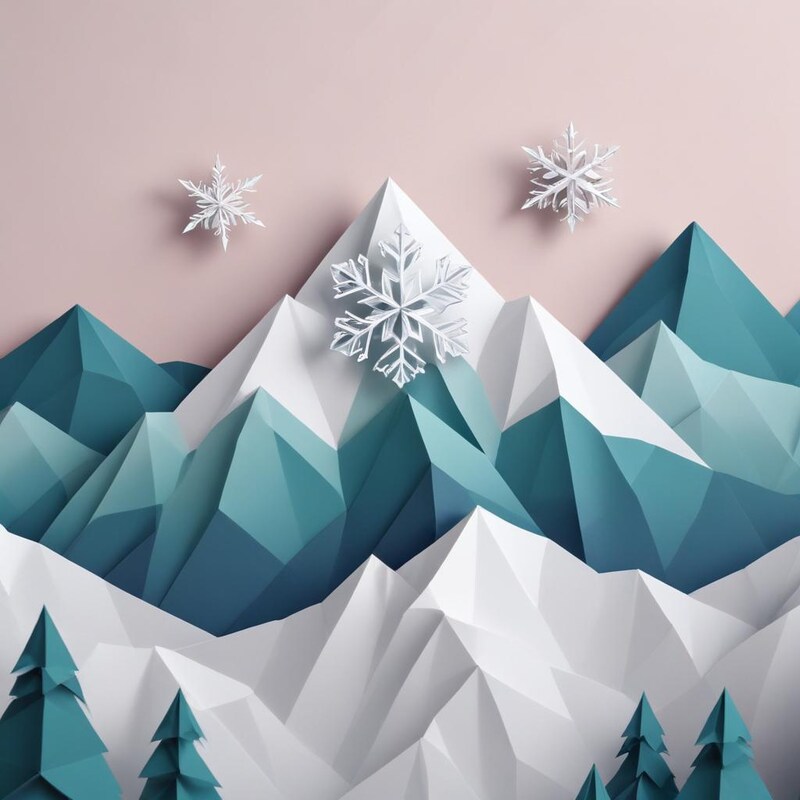 Vibrant paper mountains and snowflakes depict winter Vibrant paper mountains and snowflakes depict winter