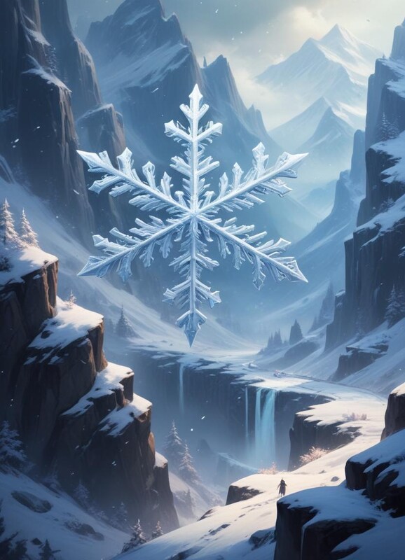 Majestic snowflake above a winter mountain landscape Majestic snowflake above a winter mountain landscape