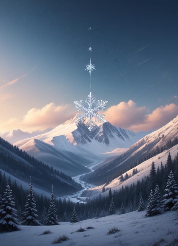 Snowflake hangs over majestic mountain landscape at dusk Snowflake hangs over majestic mountain landscape at dusk
