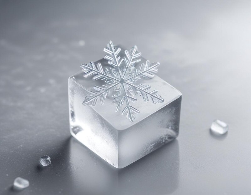 Beautiful ice cube with a snowflake design on a surface Beautiful ice cube with a snowflake design on a surface