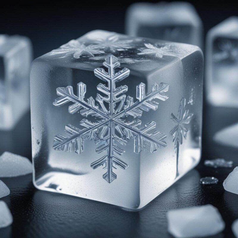 Intricate snowflake ice cube resting on a dark surface Intricate snowflake ice cube resting on a dark surface
