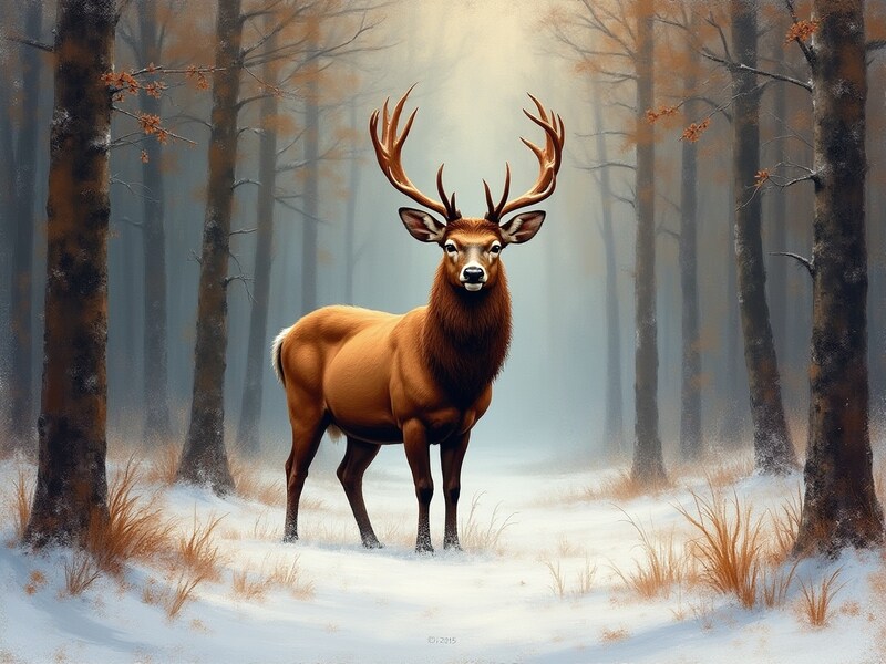 Majestic deer standing in snowy forest during winter Majestic deer standing in snowy forest during winter