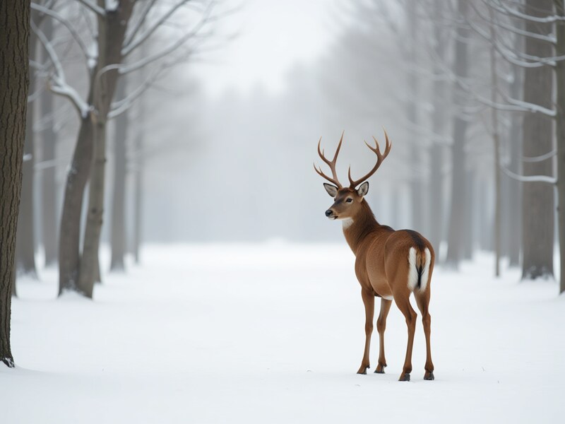 Majestic deer stands in snowy forest scene Majestic deer stands in snowy forest scene
