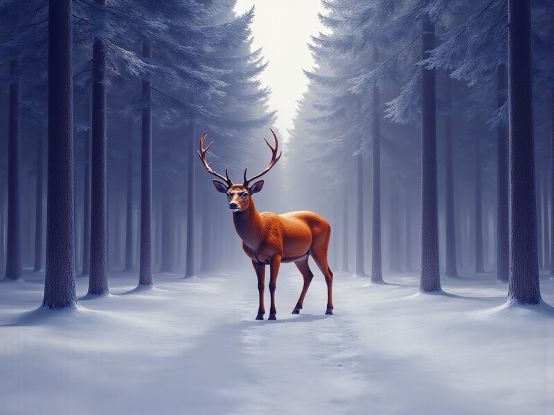 Majestic deer standing in a snowy forest path Majestic deer standing in a snowy forest path