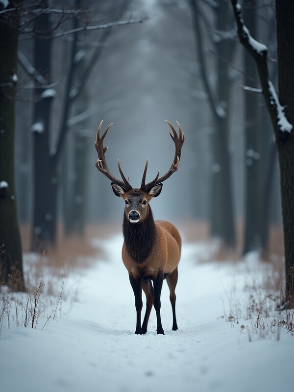 Majestic deer stands in snowy forest path Majestic deer stands in snowy forest path
