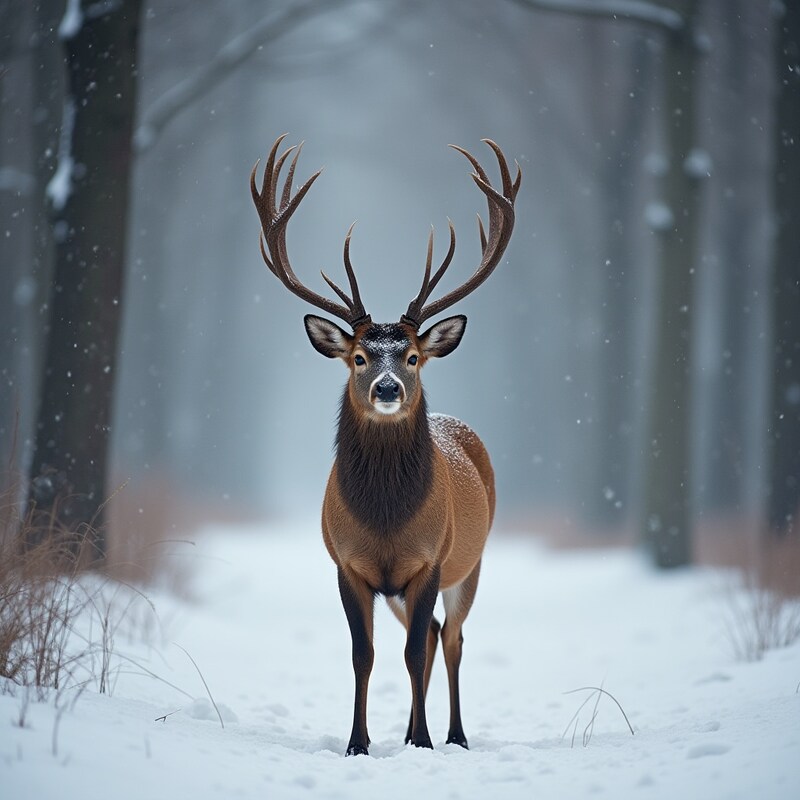 Majestic deer standing in snowy forest Majestic deer standing in snowy forest