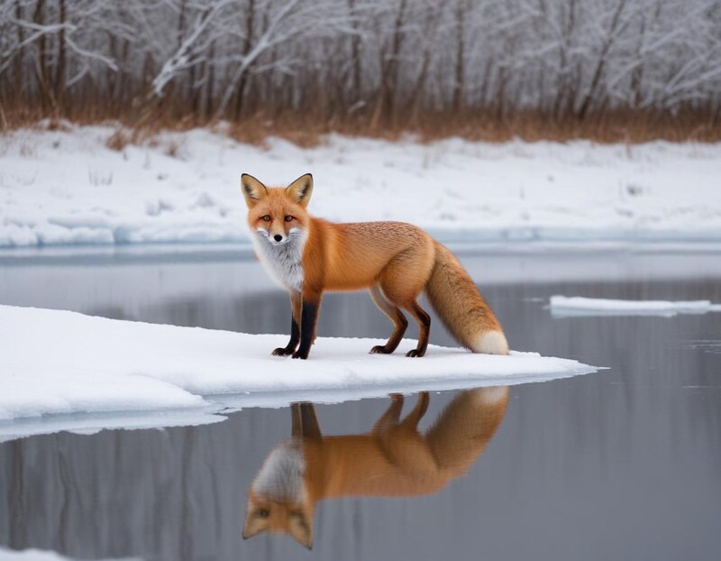 Red fox on icy shoreline during winter morning Red fox on icy shoreline during winter morning