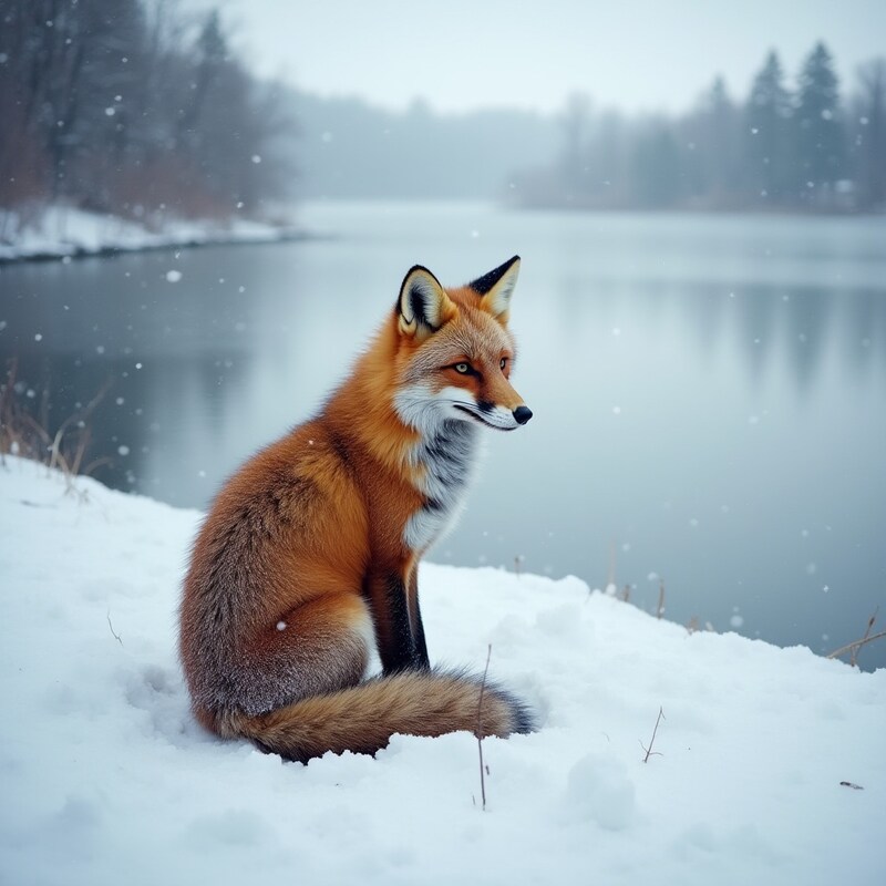 Fox gazing by a snowy lake in winter scenery Fox gazing by a snowy lake in winter scenery