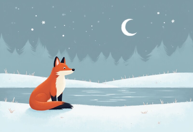 Fox resting by a calm winter lake under the moonlight Fox resting by a calm winter lake under the moonlight