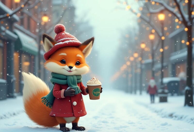 Fox character enjoying coffee on a snowy street Fox character enjoying coffee on a snowy street