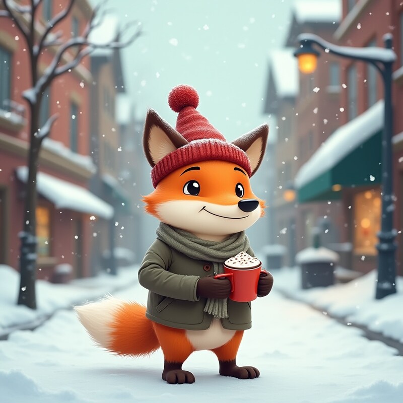 Cute cartoon fox enjoying a warm drink in winter Cute cartoon fox enjoying a warm drink in winter