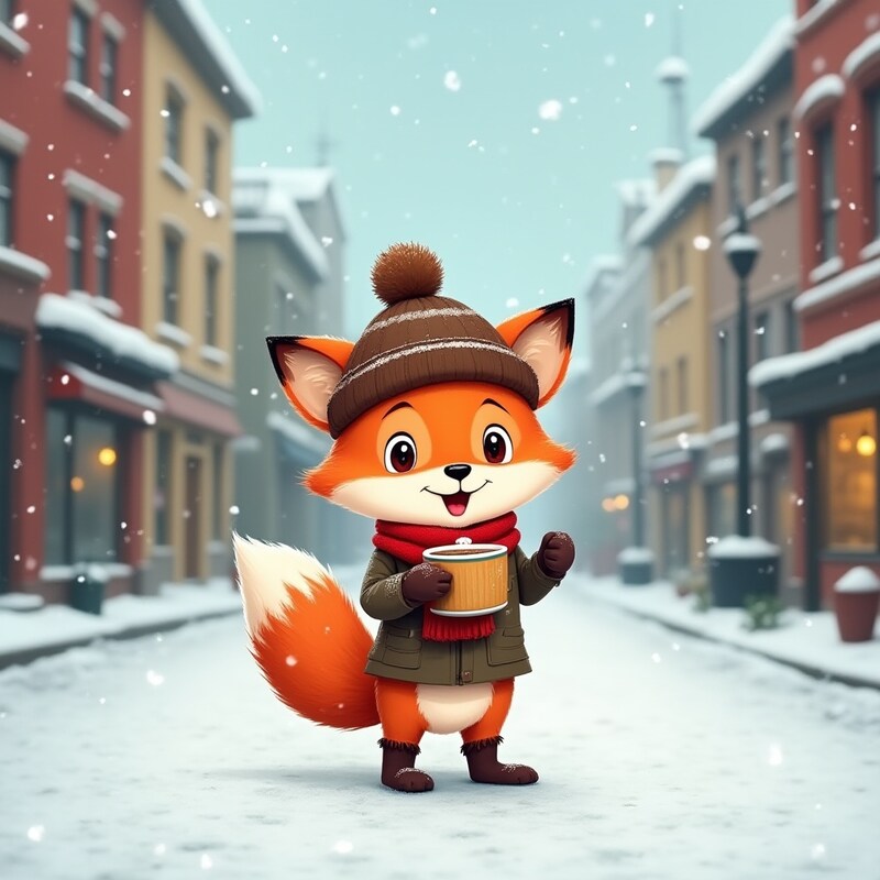 Cute fox character enjoys hot drink in snowy town Cute fox character enjoys hot drink in snowy town