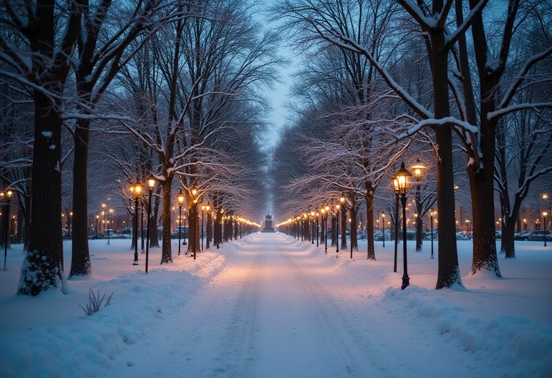 Snowy pathway lined with lamps in a winter park Snowy pathway lined with lamps in a winter park