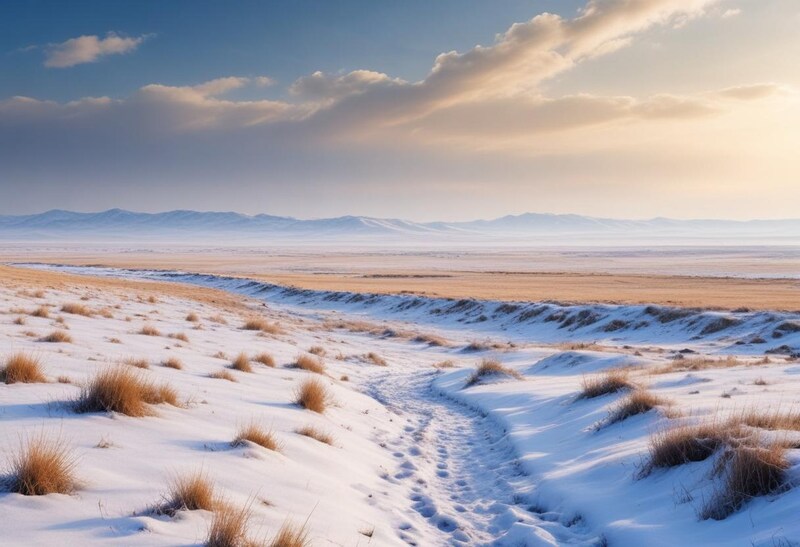 Scenic winter landscape with snow and grass Scenic winter landscape with snow and grass