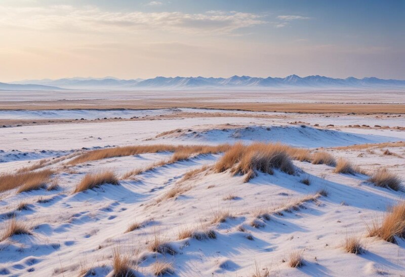 Snow-covered landscape with mountains in the distance Snow-covered landscape with mountains in the distance