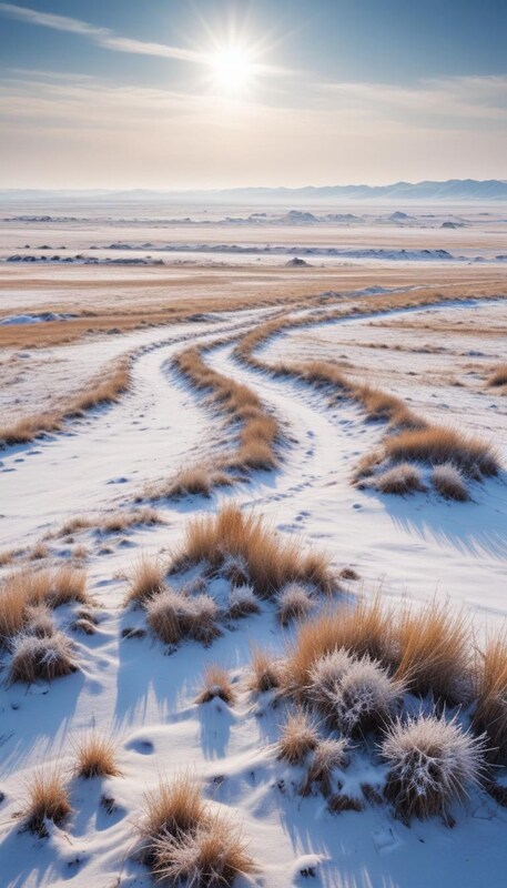 Snowy landscape with winding trails in the afternoon sun Snowy landscape with winding trails in the afternoon sun