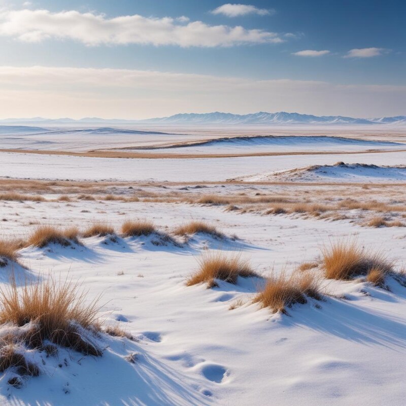 Winter landscape with snow-covered hills and grass Winter landscape with snow-covered hills and grass