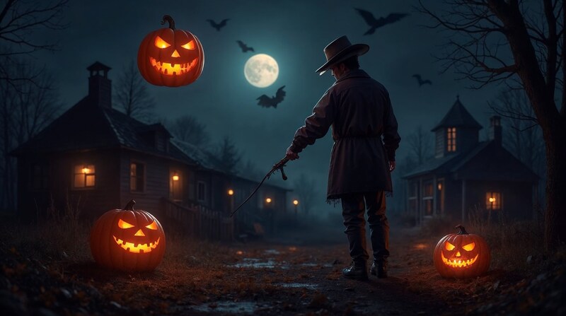 Spooky night with glowing pumpkins and bats in the sky Spooky night with glowing pumpkins and bats in the sky