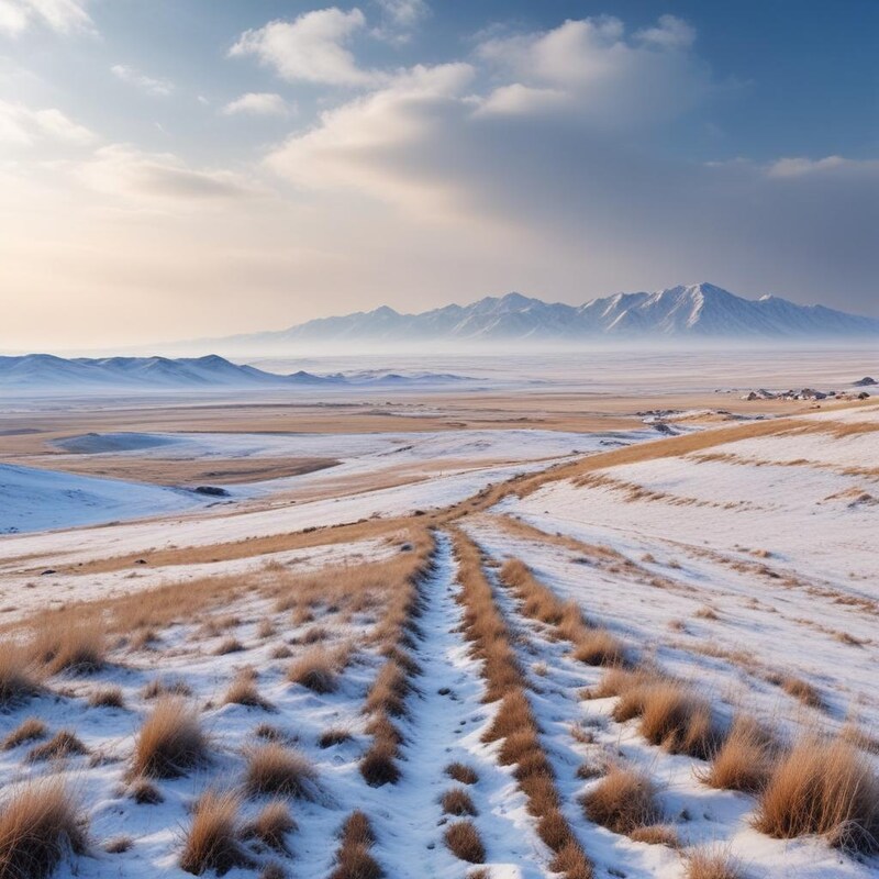 Snowy landscape with mountains and clear sky at sunset Snowy landscape with mountains and clear sky at sunset