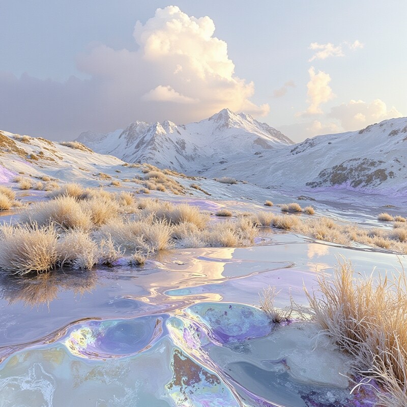 Winter landscape with mountains and frozen lake at sunset Winter landscape with mountains and frozen lake at sunset