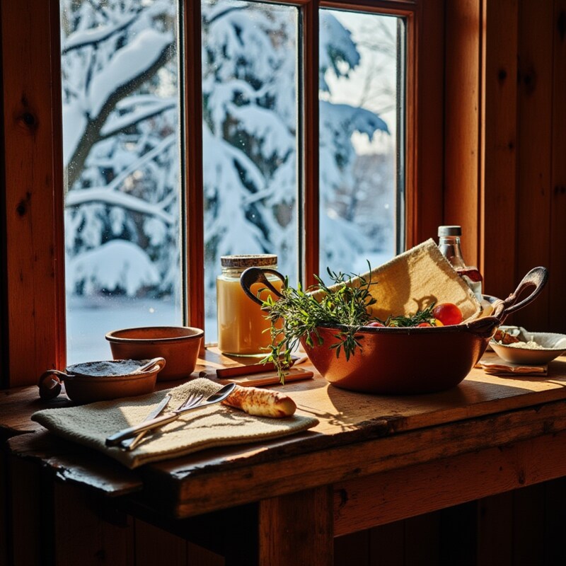 Cozy kitchen scene with winter view outside the window Cozy kitchen scene with winter view outside the window