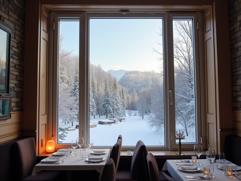 Cozy dining experience with winter view in mountain setting Cozy dining experience with winter view in mountain setting