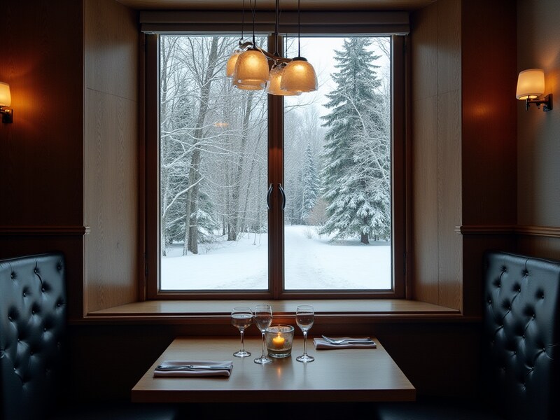 Cozy winter scene from a restaurant with snowy view Cozy winter scene from a restaurant with snowy view